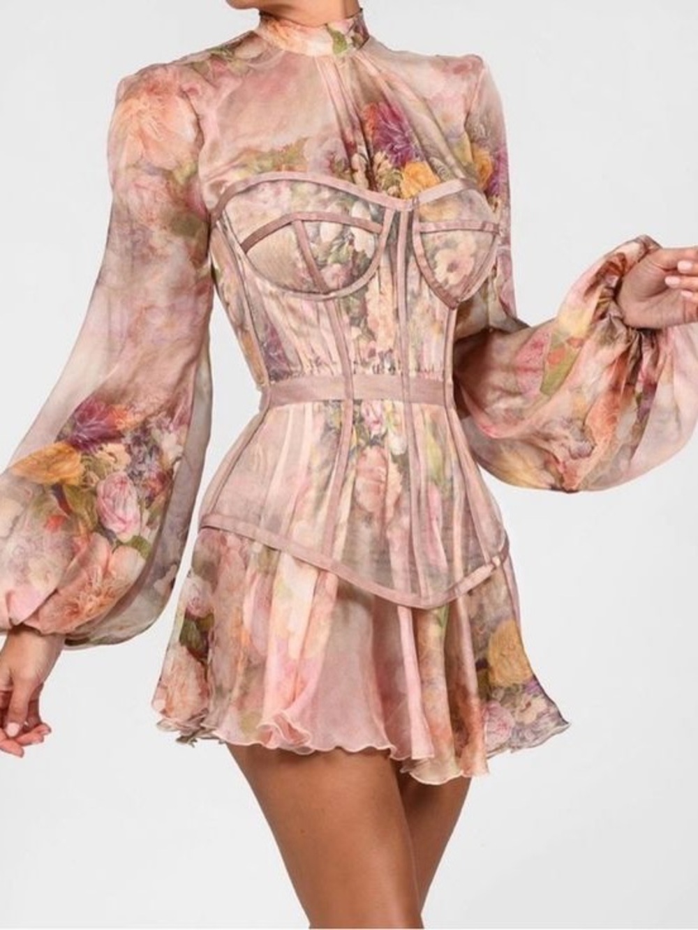 Floral Sheer Corset Mini Dress Balloon Sleeves Size Small NWT